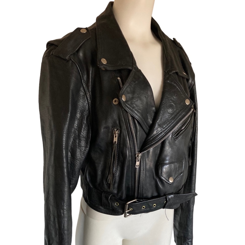 Vintage 80’s Distressed LONDON BLE Black Leather Cropped Motorcycle Jacket Sz XL - Picture 3 of 12